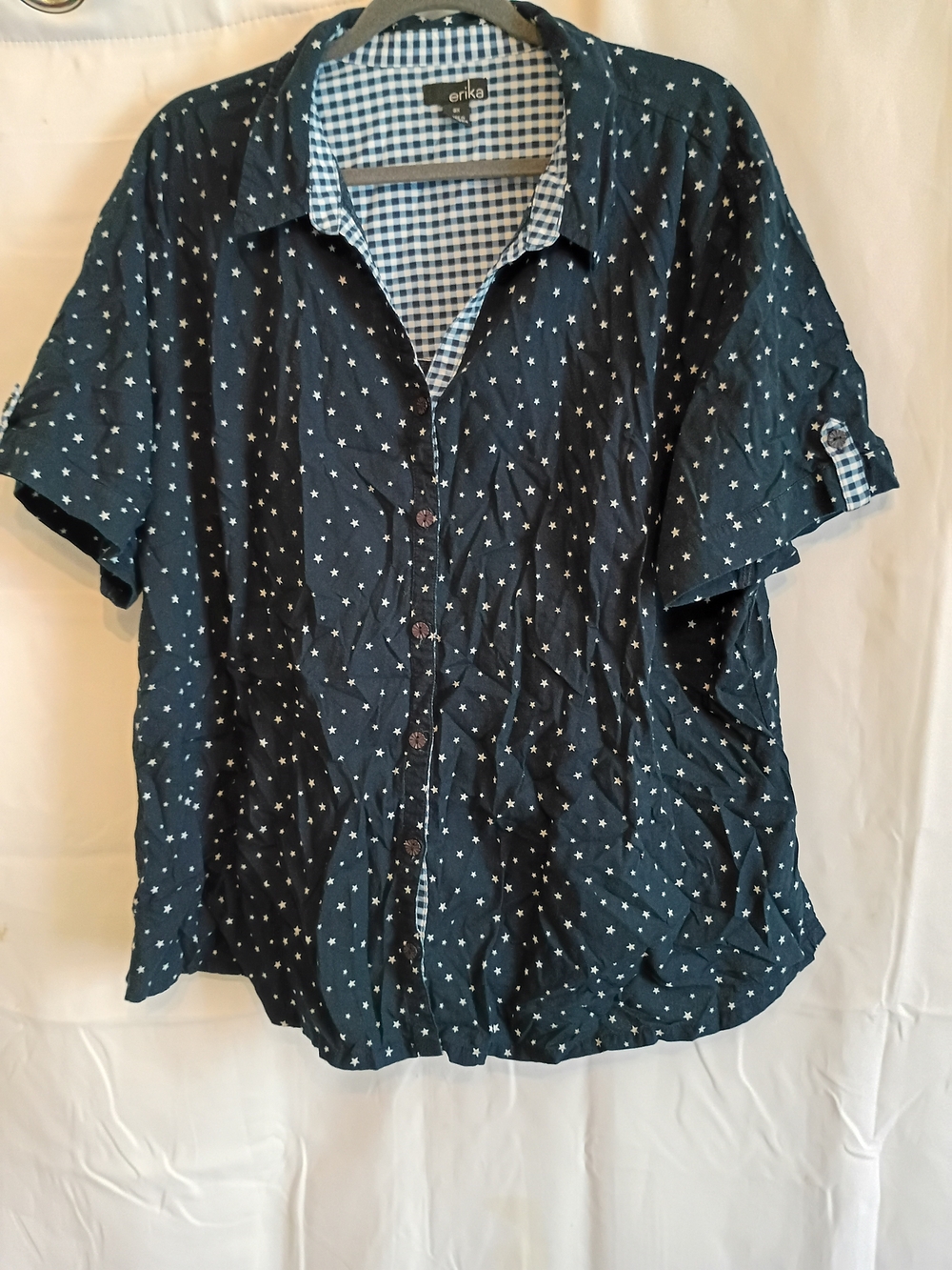 Erika Size 3x Navy Star Print Short-Sleeve Button Down Shirt